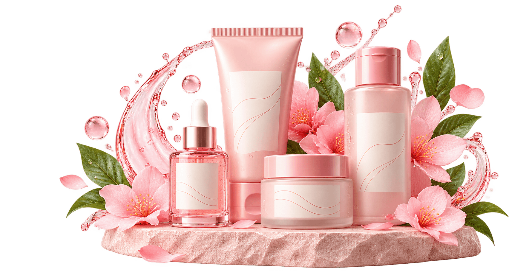 A coordinated collection of pink BelGlow skincare essentials with flowers and botanical leaves